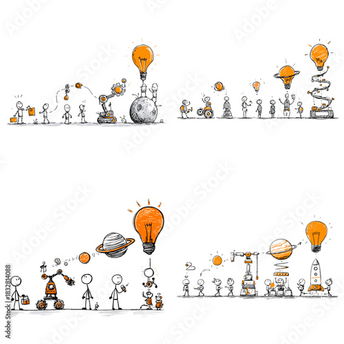 Hand drawn innovation process illustration showing stick figures developing ideas building technology creativity teamwork invention robotics imagination and future concept.