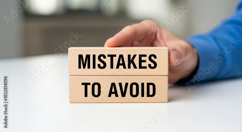 Hand holding wooden blocks with 'Mistakes to Avoid' message, offering guidance