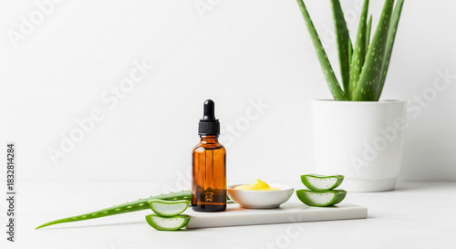 Natural aloe vera extract in a dropper bottle with fresh plant slices on a white background