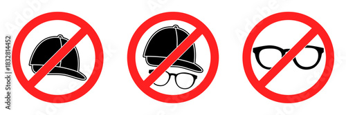 Simple “no hat and sunglasses” prohibition icon in a red circle, clean line style, isolated on white background, ideal for safety signs, public rules, and warning labels.