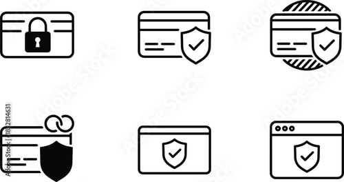 Collection of secure payment, credit card protection, and data security icons illustrating digital transaction safety, internet privacy, and financial security in a modern, outline style.