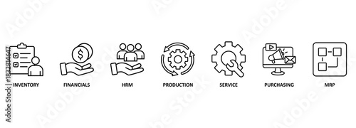 ERP. Enterprise resource planning concept. Banner with keywords and icons 