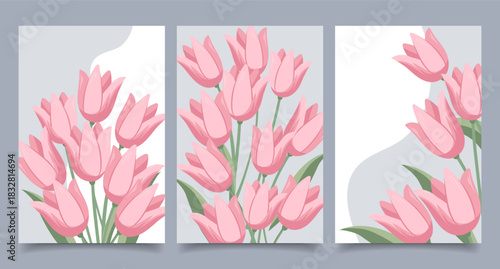 Pink tulips botanical art prints. Floral art posters collection.