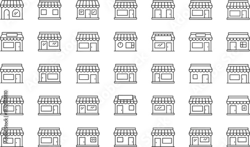 Large Collection of Outline Storefront Icons: Minimal Shop, Retail Building, and Business Kiosk Symbols Grid for Interface Design.