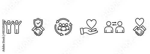 Outline symbols and signs of relationships such as friendship, partnership, Mutual understanding and togetherness editable vector thin line icon collection on white background 