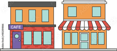Detailed flat vector illustration showcasing two neighboring commercial buildings, one operating as a cafe and the other a retail shop, situated on an urban street.