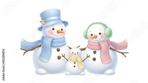 Cartoon illustration of a snowman family on a transparent background on transparent background