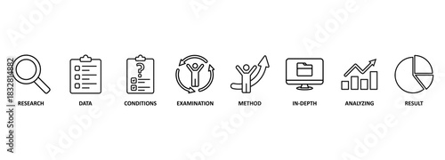 Case study banner web icon vector illustration concept with icon of research, data, conditions, examination, method, in-depth, analyzing, and result 