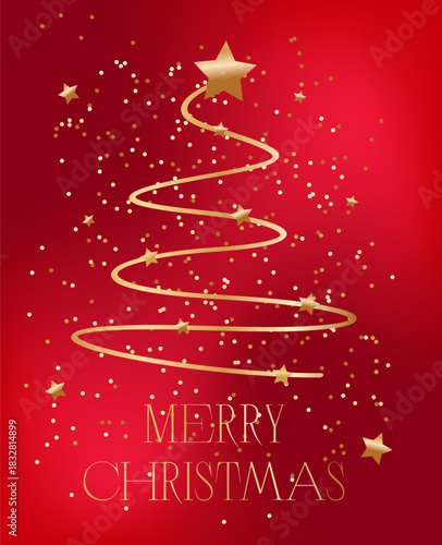 Illustration of a golden Christmas tree on a red background.