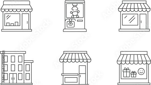 Set of Five Outline Storefront and Market Stall Icons: Awnings, Kiosk, Small Shop, Retail, and Food Stand Vector Graphics.