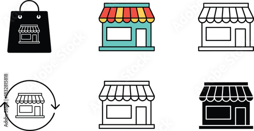 Set of Six Shopping and Store Icons Bag Glyph, Colorful Storefront, Outline Shop, and Exchange Loop Symbols for E-commerce Graphics.