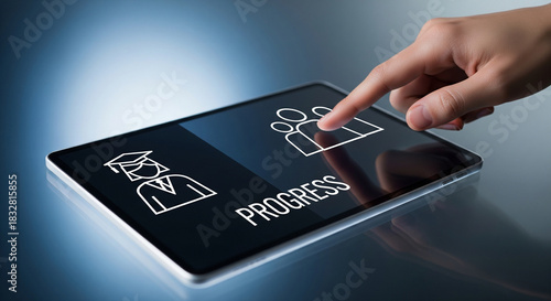 Finger touching screen showing education and progress icons, symbolizing career advancement and learning journey.