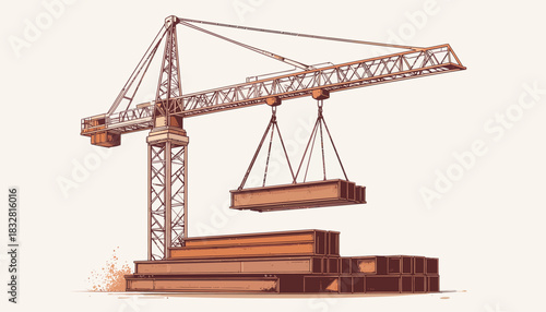 Detailed drawing of an industrial tower crane hoisting a heavy structural beam on a construction site, symbolizing growth and development