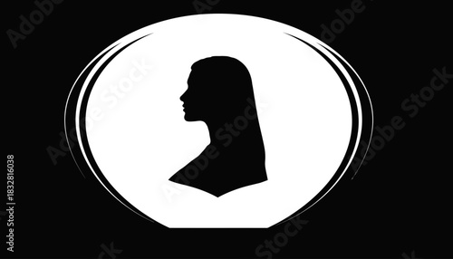 Elegant and minimalist graphic silhouette of a woman's serene profile, encased within a modern circular frame, symbolizing identity, grace, and inner reflection in a clean, sophisticated design
