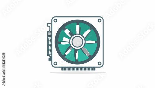 A detailed vector illustration of a computer video card with an integrated cooling fan, an icon for PC hardware and technology concepts