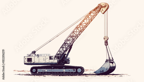 Vintage Crane Illustration Heavy Machinery, Industrial Vehicle, and Construction Equipment