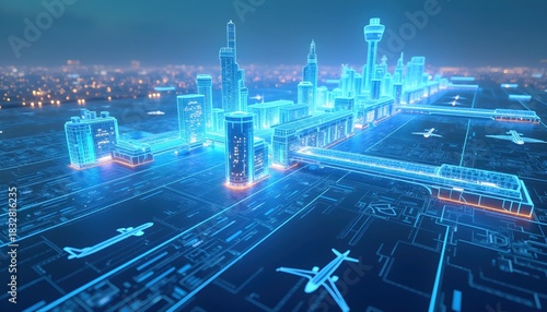 A Futuristic Transport District Illuminated by Structured Blue Lighting