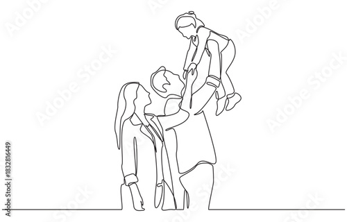 Continuous one line drawing of parents joyfully lifting a young child into the air, family bonding concept, single line art.