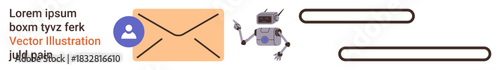 Email services, automation, AI communication, digital workflows, robotic messaging, mail technology. Robot managing emails and text bars. Email services and automation process visualization