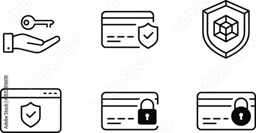Ultimate vector icon collection for secure payment, credit card protection, and digital data security illustrating online transaction safety, privacy, and financial assurance concepts.