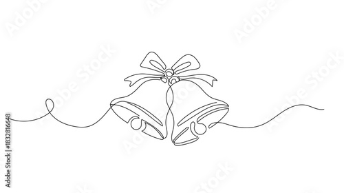 Continuous single line drawing of Christmas bells with ribbon, smooth single line curves, festive minimalist. Vector illustration