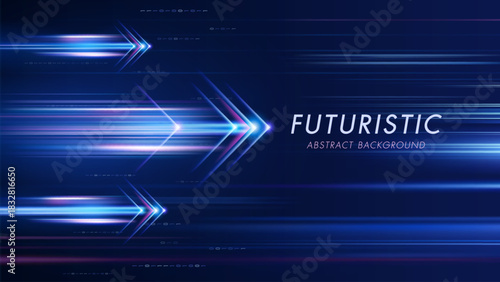Futuristic abstract background with glowing blue light arrows and speed lines. Fast data transfer concept.