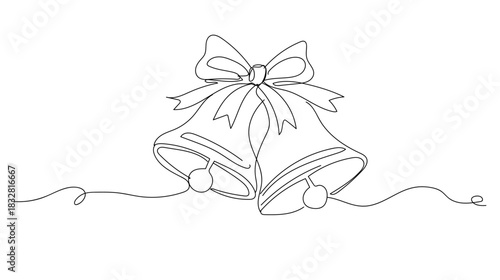 Continuous single line drawing of Christmas bells with ribbon, smooth single line curves, festive minimalist. Vector illustration