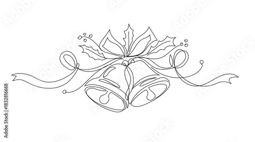 Continuous single line drawing of Christmas bells with ribbon and holly leaves, smooth single line curves, festive minimalist. Vector illustration