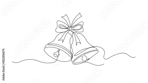 Continuous single line drawing of Christmas bells with ribbon, smooth single line curves, festive minimalist. Vector illustration