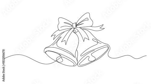 Continuous single line drawing of Christmas bells with ribbon, smooth single line curves, festive minimalist. Vector illustration