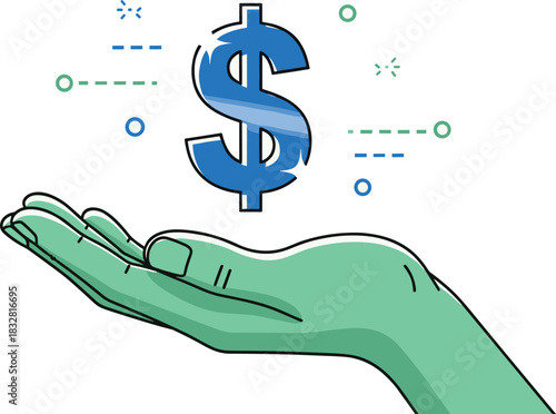 Financial support illustration, hand holding dollar symbol, economic concept graphic, investment and income vector, fundraising theme design