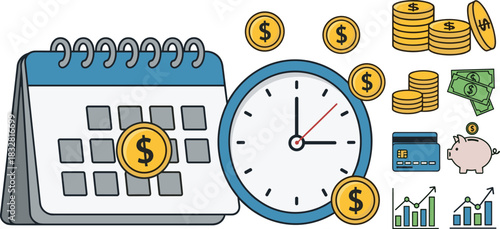 Financial planning and time management icon set, calendar and clock with dollar symbols, savings and investment vector graphics