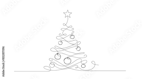 Continuous single line drawing of a Christmas tree decorated with ornaments elegant flowing lines, festive minimalist. Vector illustration