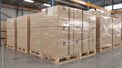 Plastic sheet wrapped around a bundle of cardboard boxes in warehouse ready for logistic. Storage and delivery concept for goods and products