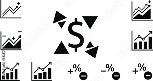 Financial trend and market volatility icon set, dollar symbol with charts and percentage signs, economic fluctuation vector