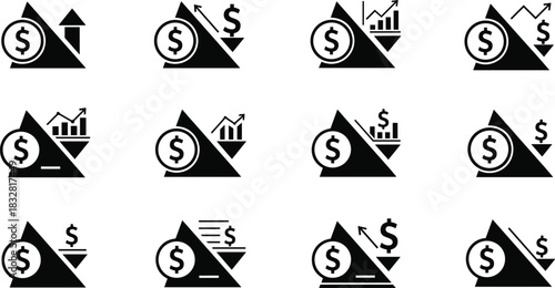 Financial trend icon set, dollar symbol with triangle and chart graphics, economic growth and decline vector collection