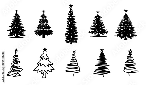 beautiful decorated Christmas Tree silhouette element set