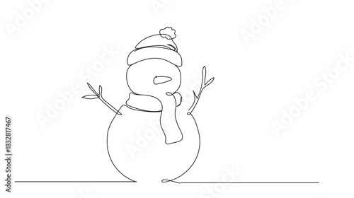 Continuous single line drawing of a cute snowman with a scarf and hat, gentle curves, minimal winter holiday theme, Vector illustration.
