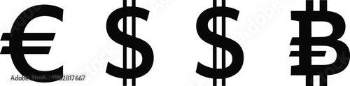 Global currency symbol set, dollar, euro, bitcoin icons, financial concept illustration, black vector design
