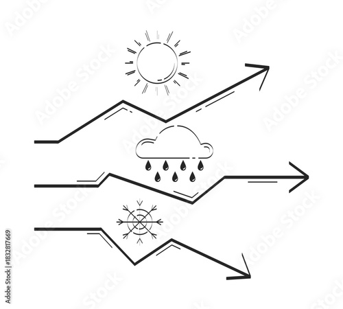 Different weather types on forecast trend arrows doodle linear object. Sun, rain and snow meteorology graph 2D vector outline clip art drawing isolated on white. Hand drawn sketch illustration