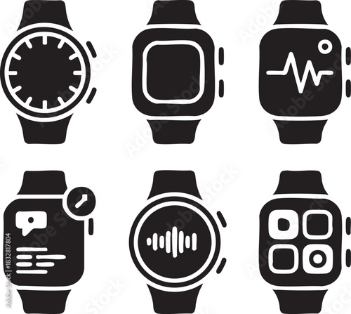 Six solid black icons depicting different smartwatches and watch faces timepiece