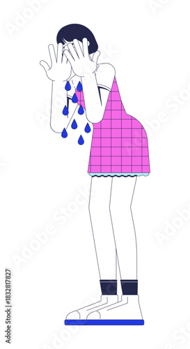 Asian woman crying behind hands with dropping tears 2D cartoon character. Depressed heartbreak. Sad girl covering face with teardrops flat vector person isolated on white. Spot illustration colorful