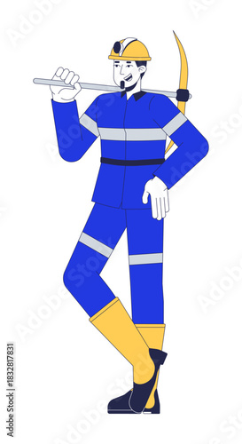 Smiling male miner holding pickaxe over shoulder 2D cartoon character. Mining profession. Hard labor. Caucasian man underground worker flat vector person isolated on white. Spot illustration colorful