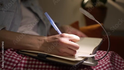 Close-up of a woman writing her thoughts, plans, or memories in a personal diary at night, illuminated by a small portable reading lamp clipped to the page for focused light