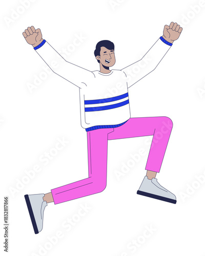 Joyful indian man jumping with raised arms 2D cartoon character. Excited expression. Victory celebration. South asian guy leaping flat vector person isolated on white. Spot illustration colorful