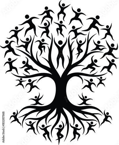 Black silhouette tree of life with dancing figures as leaves and roots black and white