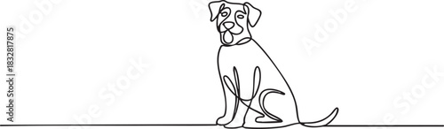 Continuous single line drawing of a friendly mixed-breed dog sitting calmly, minimalist pet outline illustration in clean modern vector style