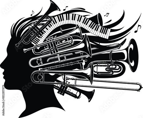 Black silhouette of a human head filled with musical instruments and notes trumpet