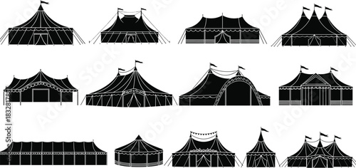 Collection of black and white silhouette illustrations of various circus tents and marquees with flags and decorative elements