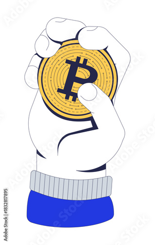 Hand holding bitcoin coin vector illustration. Fingers gripping BTC digital currency. Investment control. Cryptocurrency power 2D cartoon image isolated on white. Editable flat clipart colorful